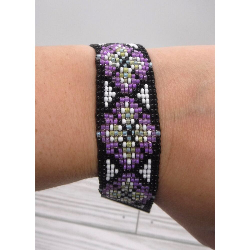 Loom Beaded Bracelet Black, White, Purple, Yellow and Light Blue
